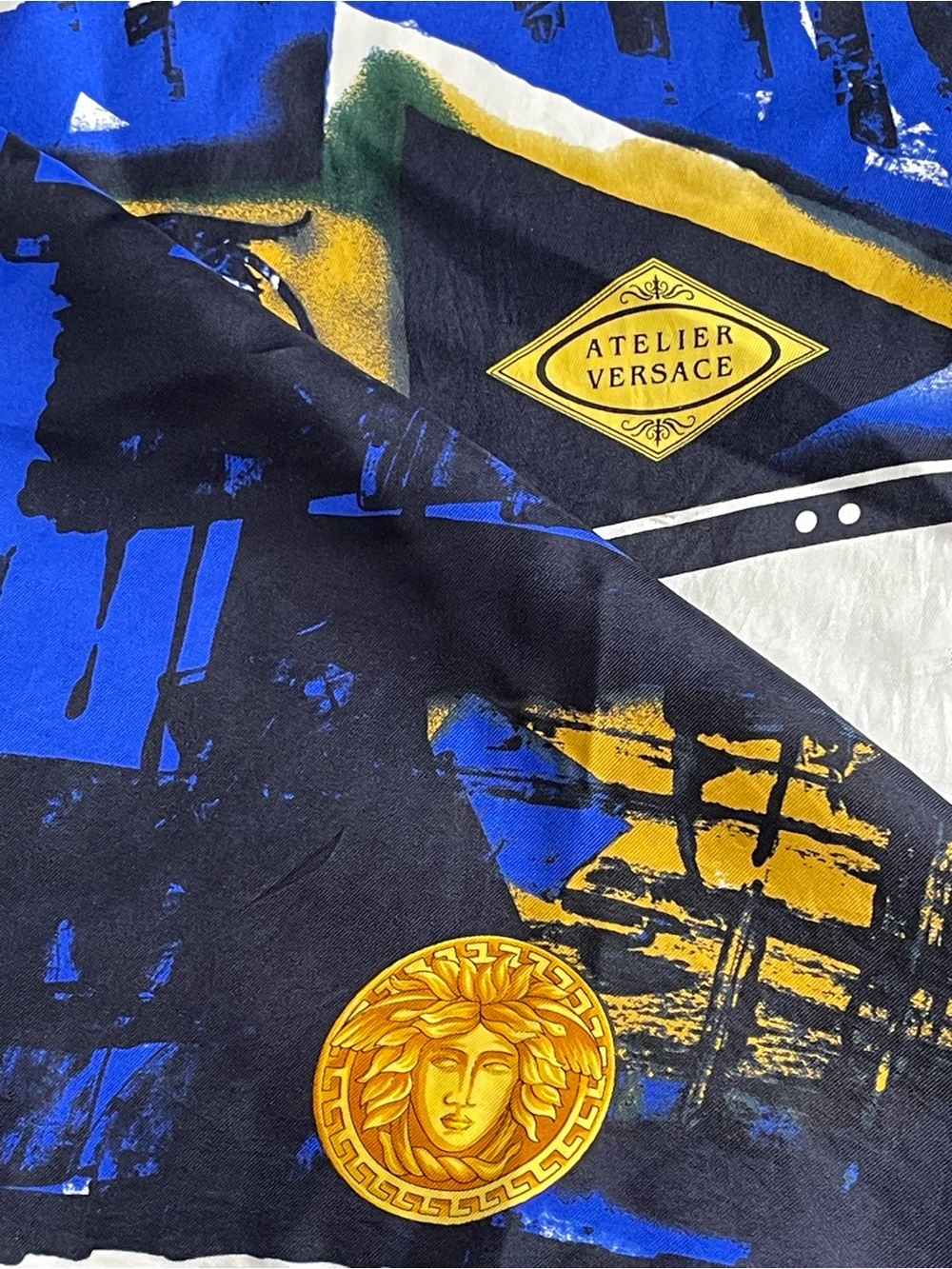 90's Atelier VERSACE Blue, Black & Gold Abstract Medusa Print Scarf 34"x34" GUC